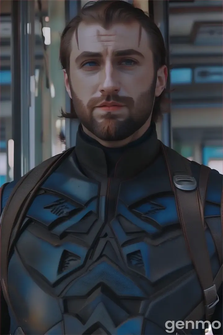 a man with a beard wearing a suit captain America