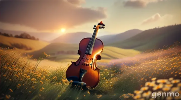 A violin suspended in the air, floating over a field of wildflowers, with rolling hills 