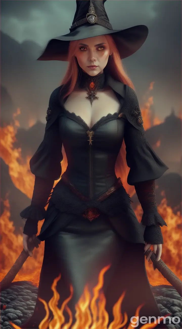 Hyper-realistic fantasy female witch walking through the skulls in the fire, great details, UHD 4K