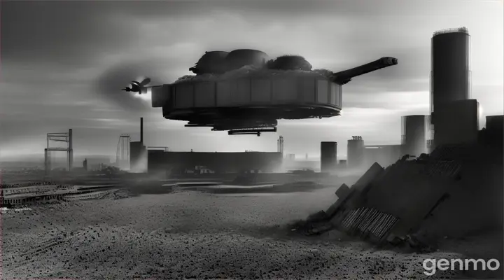 Black and white image, the world after a devastating war, debris, fragments, ruins of a secret factory, 2 soldiers of the resistance, partly people, partly cyborgs assembled from old parts of various equipment and equipment, in the sky above them a spy drone that belongs to the Feds, one of the soldiers aims at the drone from a homemade Gauss weapon