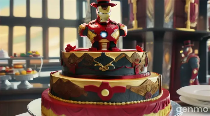 Iron Man clad in a top hat and coat, standing atop a 3-tiered cake while a flustered, aproned cook tries to find him