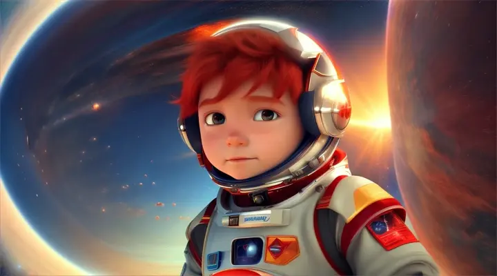 seed:  2848519789    3d animation video, pixar style, a boy in an astronaut suit, red hair on the planet mercury