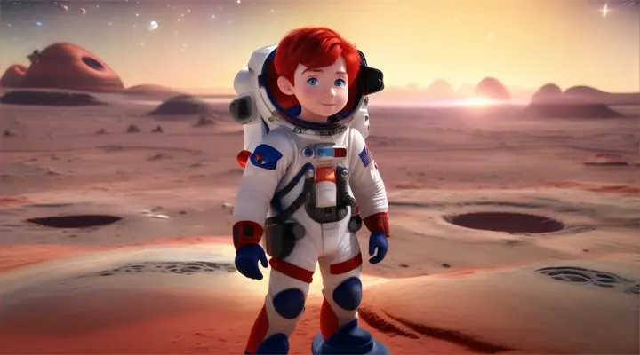 seed:  2848519789    3d animation video, pixar style, a boy in an astronaut suit, red hair on the planet jupiter