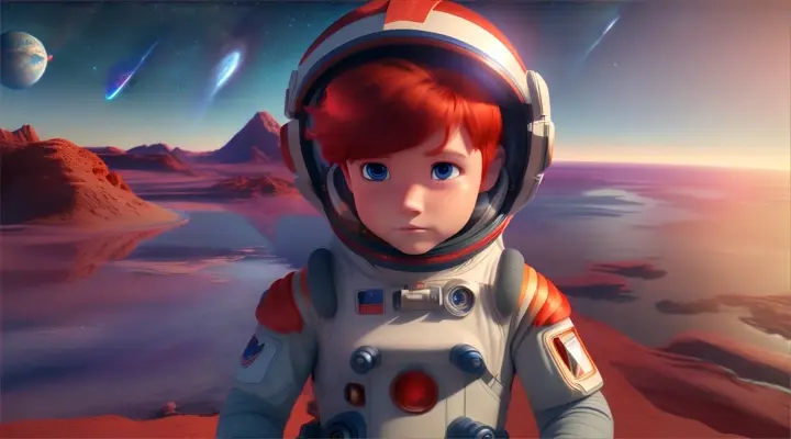 seed:  2848519789    3d animation video, pixar style, a boy in an astronaut suit, red hair on the planet neptun