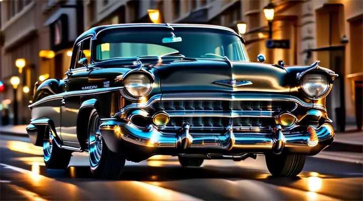 a 57 chevy hotrod driving down a street at night