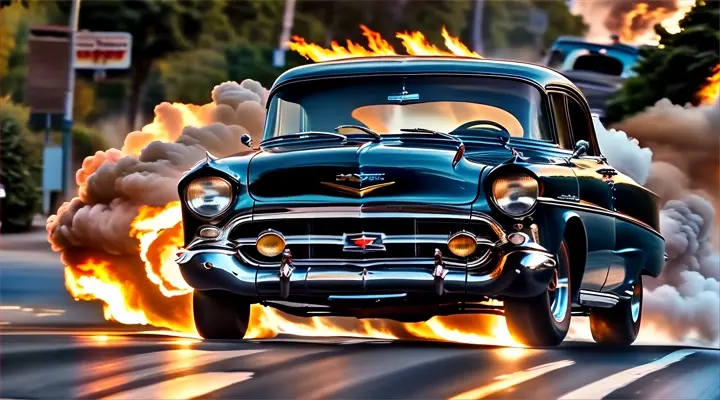 a 57 chevy hotrod car driving down a street with a lot of smoke and fire coming out of it
