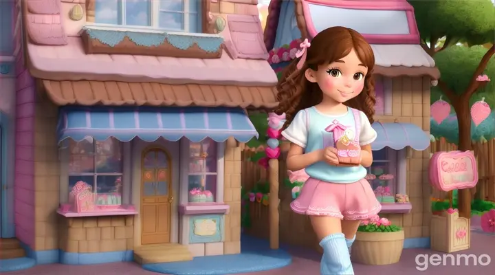 little 10 year old girl she is wearing light pink shirt and light blue long pants let her hair be very long light brown and curly eatting a chocolate coated cookie let her be in small town with gingerbread houses all around has she stand out side the shop make this cartoon pixar 3d make sure her hair is curly and long chocolate cookie