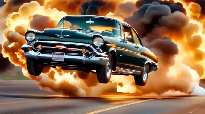 a car is flying through the air with a lot of smoke behind it