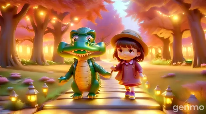 a girl and a crocodile are walking through  park,,