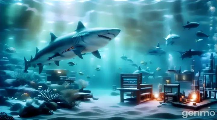 an underwater scene with a research center and a shark