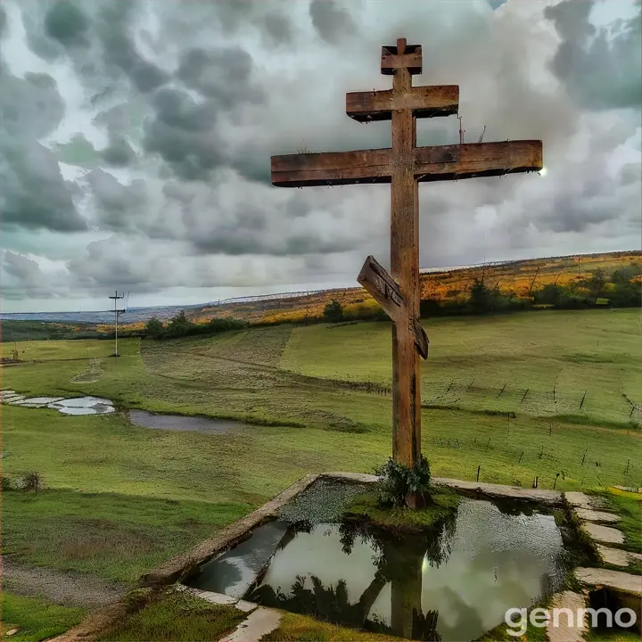 a wooden cross sitting on top of a lush green field