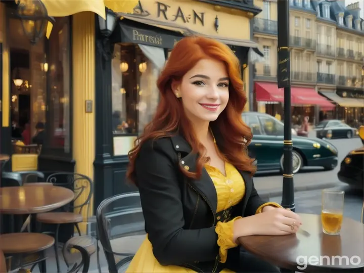 Ariel sitting at a cozy Parisian cafe in her black jacket and yellow frock