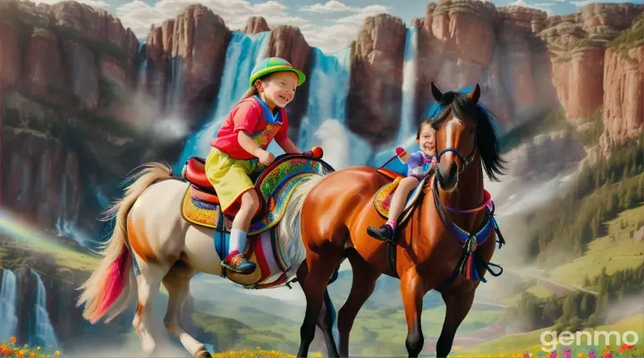 First Scene:** A vibrant and cheerful landscape with a small, colorful horse and a joyful child riding it. The background features majestic mountains and cascading waterfalls. The child looks excited as they ride the horse, and the horse has a playful expression.
