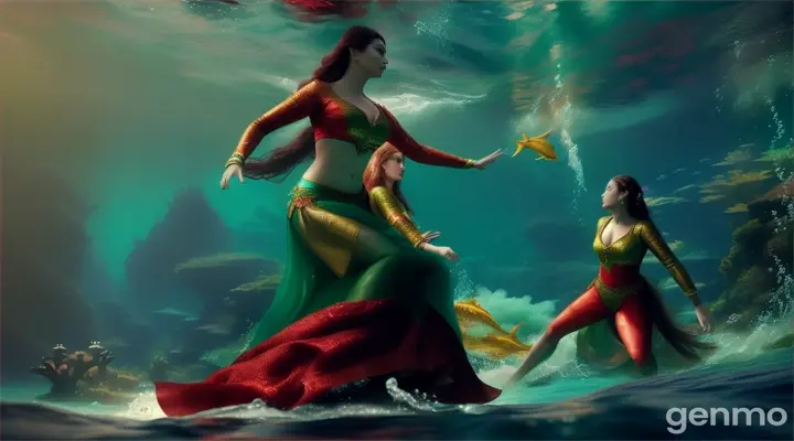 GENERATE TO ME A PICTURE OF TWO DIVINE WOMAN FIGHTING EACH OTHER INSIDE THE DEPTH OF A SEA WITH MAGIC, THE OTHER WOMAN WEARING A RED KEBAYA AND THE OTHER WEARING A GREEN KEBAYA