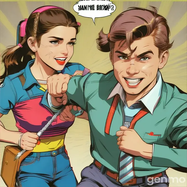 A boy pulls a girl's pigtail. A girl hits a boy on the head with a briefcase