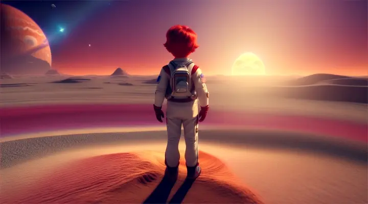 seed: 2848519789 3d animation video, pixar style, a boy in an astronaut suit, red hair stands on the planet jupiter and walks around