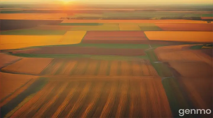 A drone shot of the sun setting over a vast field of wheat, with wind turbines casting long shadows