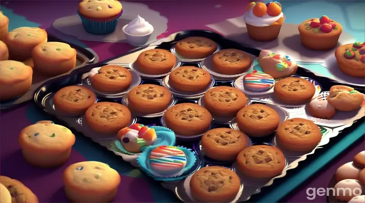 A tray filled with various cookies, muffins, and pies, freshly baked and steaming. 3d animation for kids. 16:9