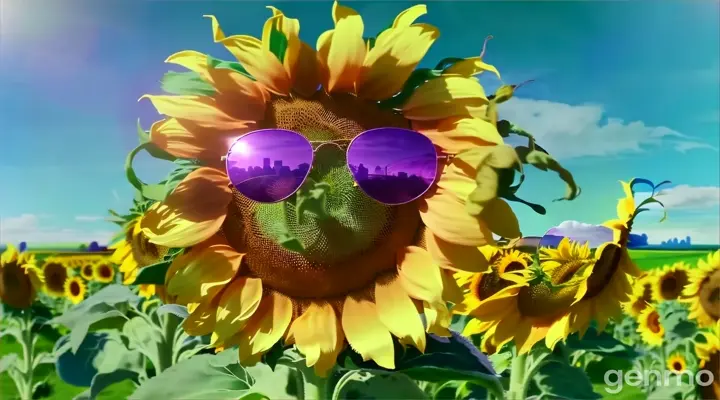 a sunflower with purple sunglasses in a field of sunflowers  only movement from the wind