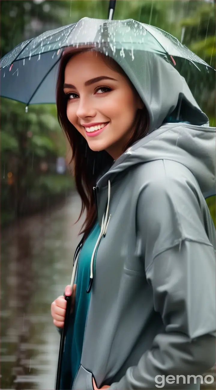 A woman in a hoodie standing in the rain, smiling and holding an umbrella with lush greenery in the background