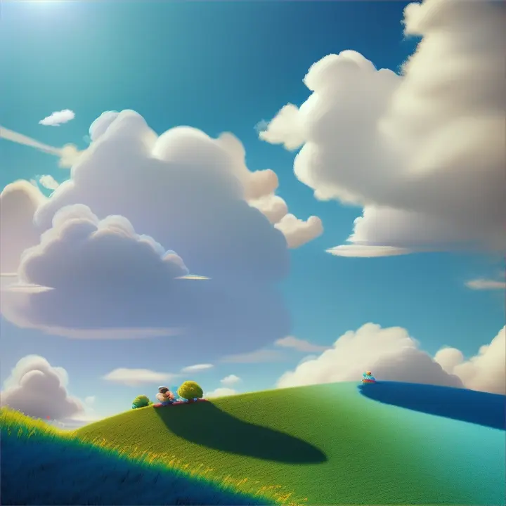 Visual: Two fluffy clouds drifting in the sky.Action: Kids point at the clouds, lying on a grassy hill, illustation, cartoon, hyper realistic, 8k, ultra HD, Pixar style, Disney style, cinema 4D