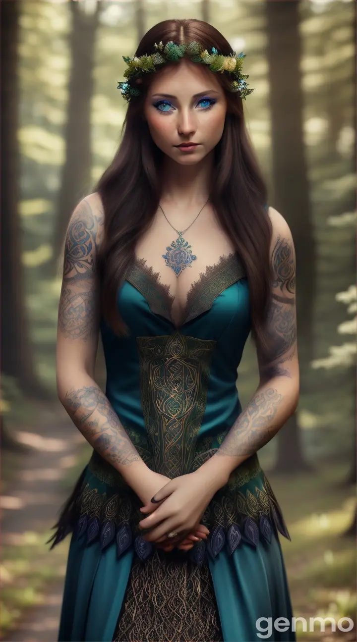 a realistic image of a mysterious-looking young woman with deep blue eyes looking charmingly ahead, the Celtic tattoos and fantasy dress like a druid fused with trees, UHD 4K, blur background, f2.8.