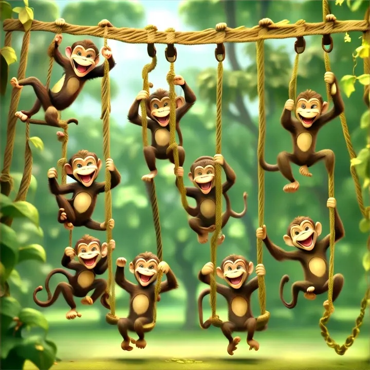 Visual: Nine playful monkeys swinging on vines.Action: Kids imitate monkeys, swinging on play set ropes and laughing.