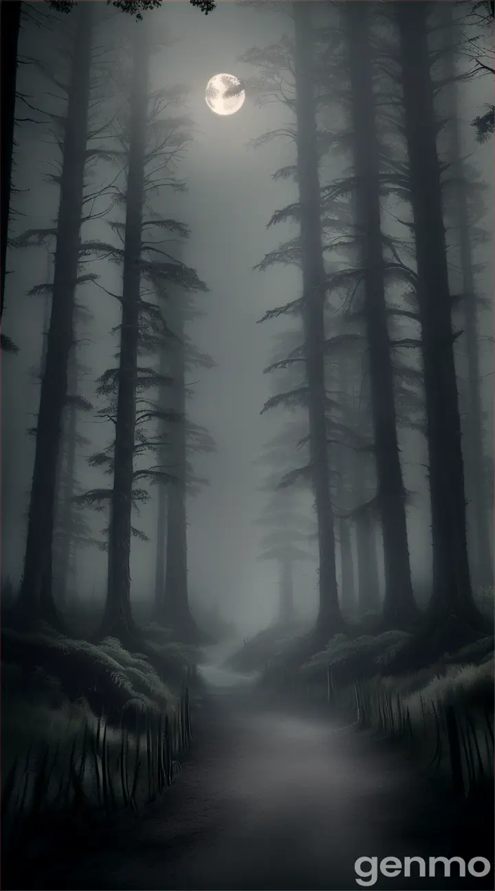 A moonlit night with a dense forest path, exuding an eerie and ominous atmosphere.