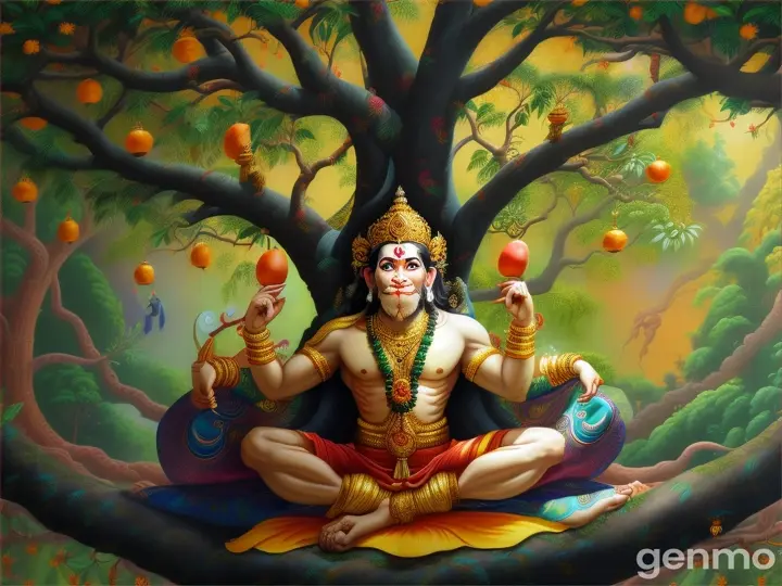 Hanuman Ji perched on a majestic tree consuming mangoes amidst the lush jungle