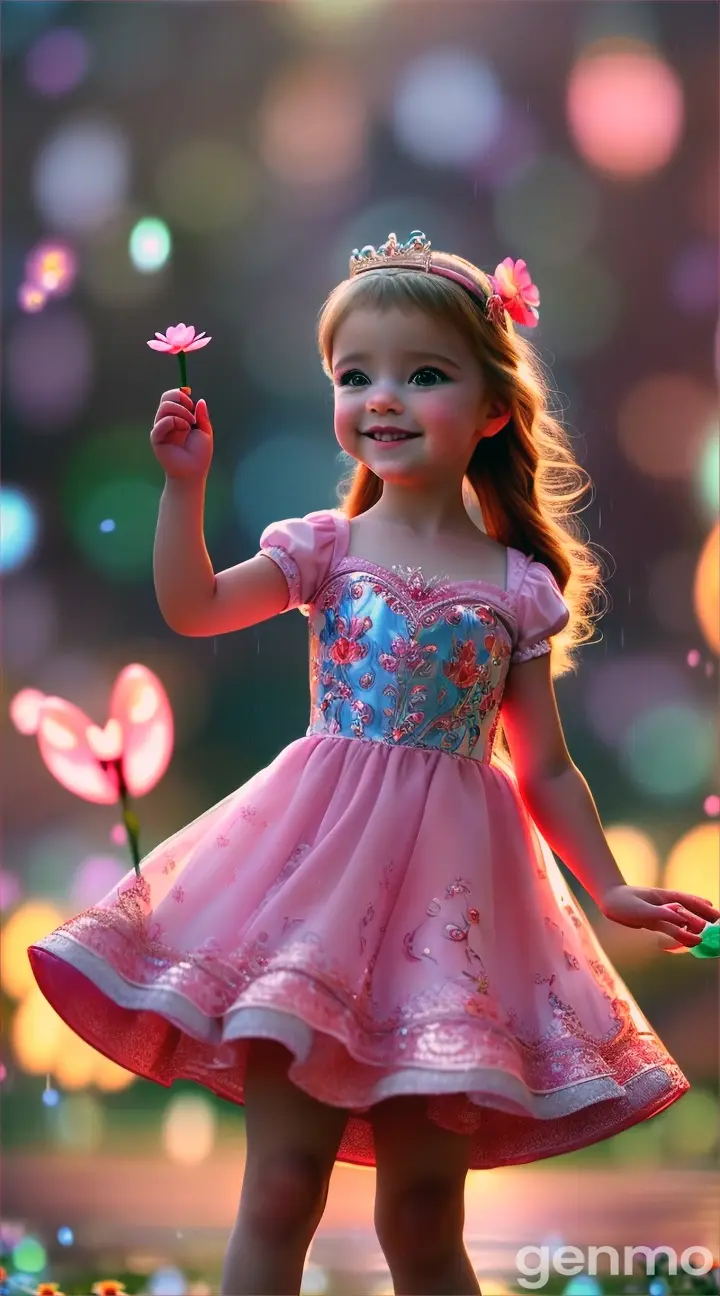 A baby girl dressed as a Disney Princess, twirling and dancing in the rain, surrounded by cute, glowing animals and flowers, perfect and prominent features, high resolution, professional perfect video with perfect animations and movements, unique, ,masterpiece artwork, viral, 9:16 ratio