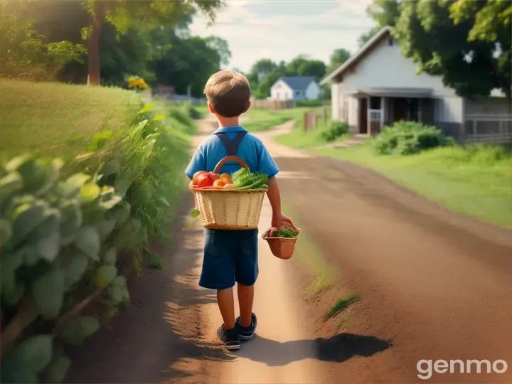 a boy warking the village road.