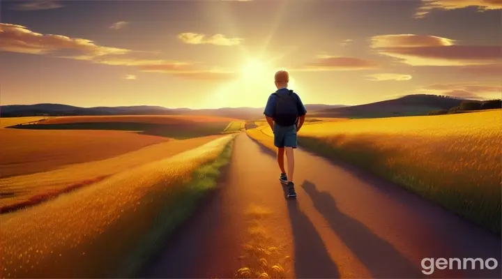 A boy walking down a sun-drenched, golden field, his shadow stretching behind him