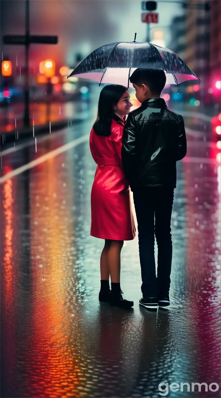 rainy-day a young boy and a beautiful girl standing with umbrella in hand.