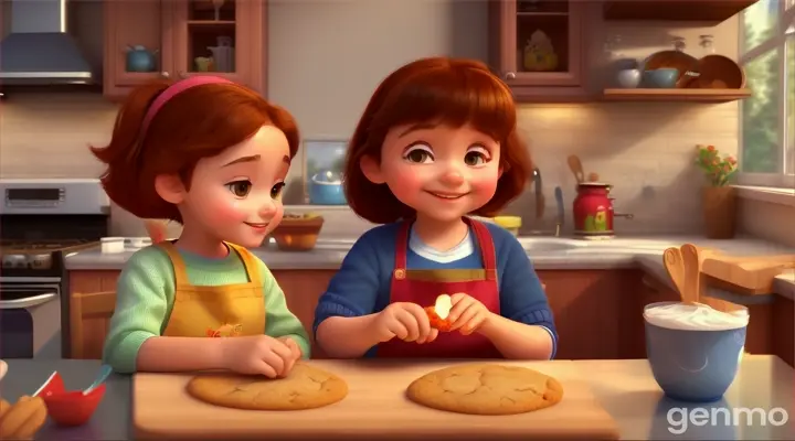 A child and their parent or friend making memories together while baking side by side. 3d animation for kids. 16:9