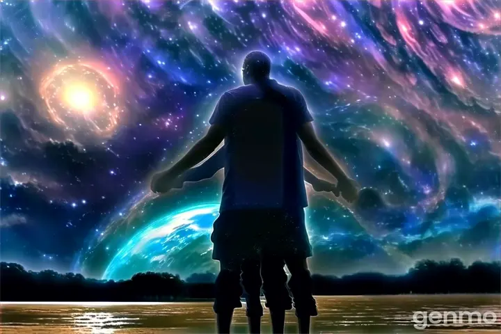 a man standing in front of a body of water under a sky filled with stars