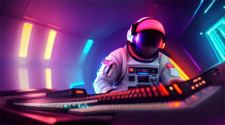 neon style astronaut playing keyboard in space