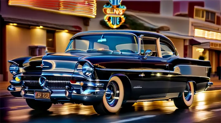 a classic car cruising down a street at night