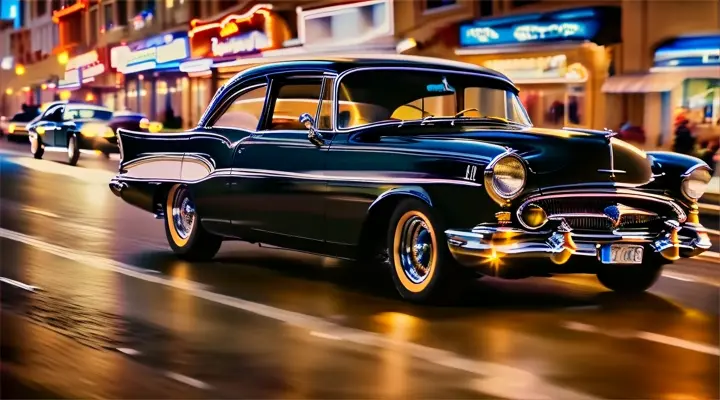 a classic car cruising down a street at night