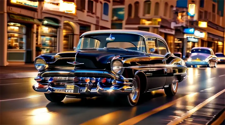 a classic car driving down a city street at night