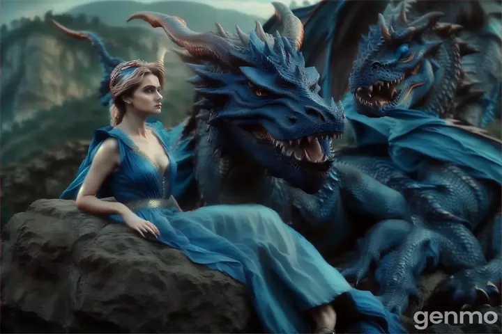 A woman in a flowing blue dress seated beside a dragon amongst a majestic mountain range