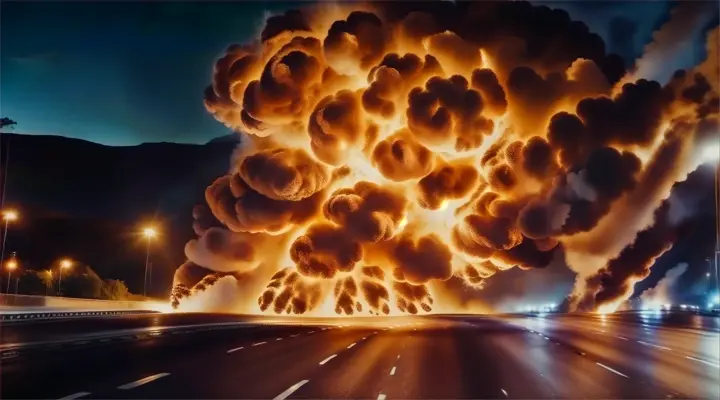 a large explosion is coming out of a highway