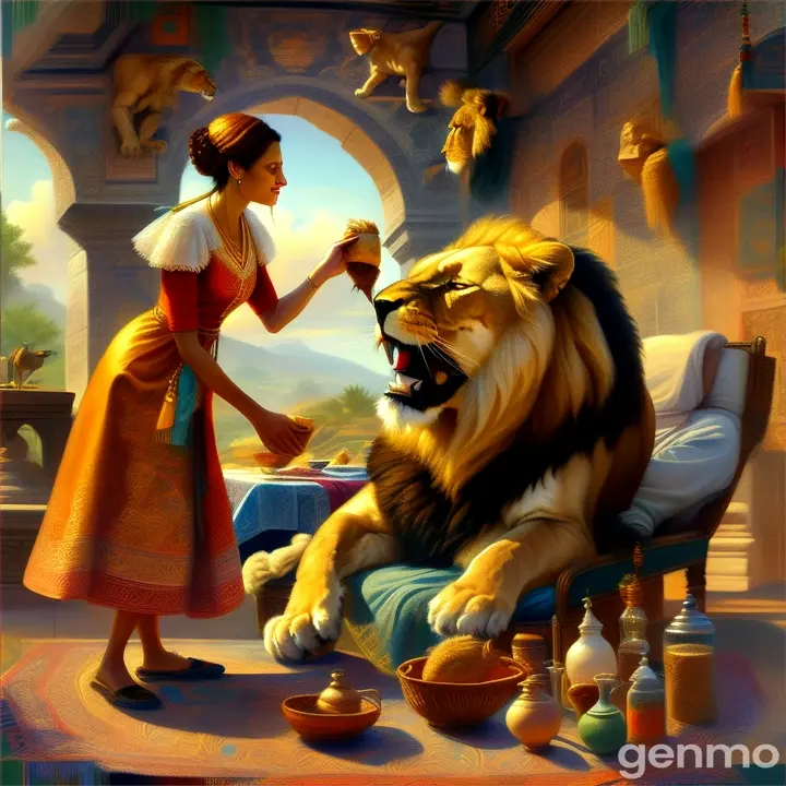 a painting of a woman feeding a lion