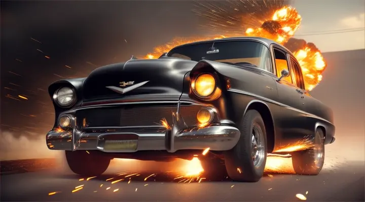 a black 57 chevy jumps through a giant explosion