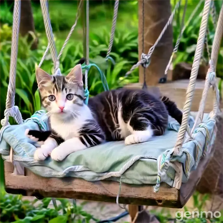 a kitten laying on a swing in a garden