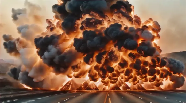 a large explosion of black smoke on a highway