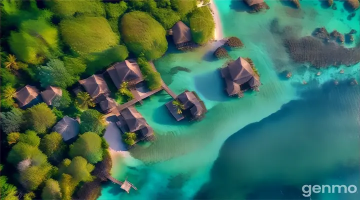 Create stunning 4K aerial videos showcasing the pristine turquoise waters, lush greenery and luxurious overwater bungalows of a tropical island resort. Videos should capture intricate details, emphasize vibrant colors, and a tranquil atmosphere. Start with a wide-angle shot and gradually zoom in to highlight the resort's unique features and natural beauty.