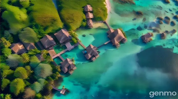 Create stunning 4K aerial videos showcasing the pristine turquoise waters, lush greenery and luxurious overwater bungalows of a tropical island resort. Videos should capture intricate details, emphasize vibrant colors, and a tranquil atmosphere. Start with a wide-angle shot and gradually zoom in to highlight the resort's unique features and natural beauty.