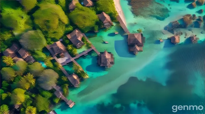 Create stunning 4K aerial videos showcasing the pristine turquoise waters, lush greenery and luxurious overwater bungalows of a tropical island resort. Videos should capture intricate details, emphasize vibrant colors, and a tranquil atmosphere. Start with a wide-angle shot and gradually zoom in to highlight the resort's unique features and natural beauty.