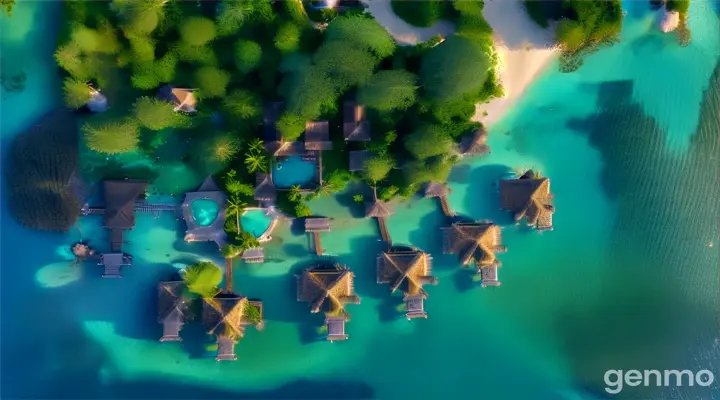 Create stunning 4K aerial videos showcasing the pristine turquoise waters, lush greenery and luxurious overwater bungalows of a tropical island resort. Videos should capture intricate details, emphasize vibrant colors, and a tranquil atmosphere. Start with a wide-angle shot and gradually zoom in to highlight the resort's unique features and natural beauty.