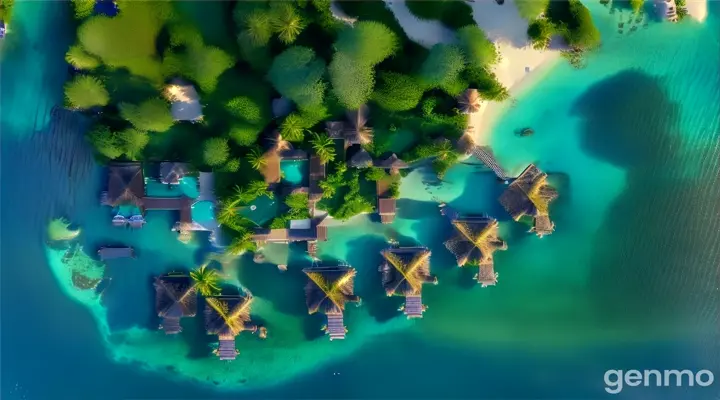 Create stunning 4K aerial videos showcasing the pristine turquoise waters, lush greenery and luxurious overwater bungalows of a tropical island resort. Videos should capture intricate details, emphasize vibrant colors, and a tranquil atmosphere. Start with a wide-angle shot and gradually zoom in to highlight the resort's unique features and natural beauty.